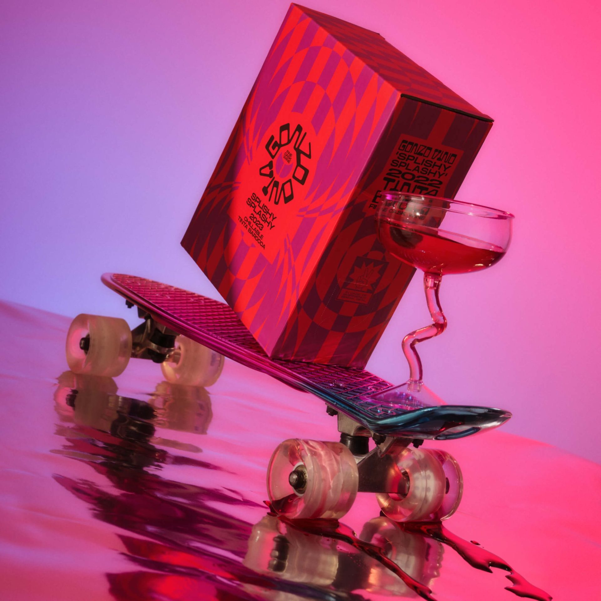 A cask of splishy splashy red wine from Gonzo Vino riding a mini skateboard